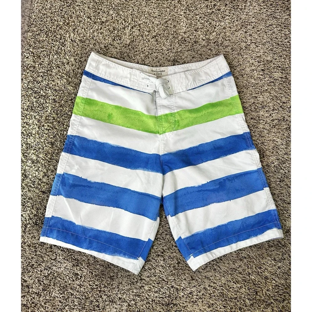 Abercrombie & Fitch Men's Size Small Blue Green White Striped Swim Board Shorts